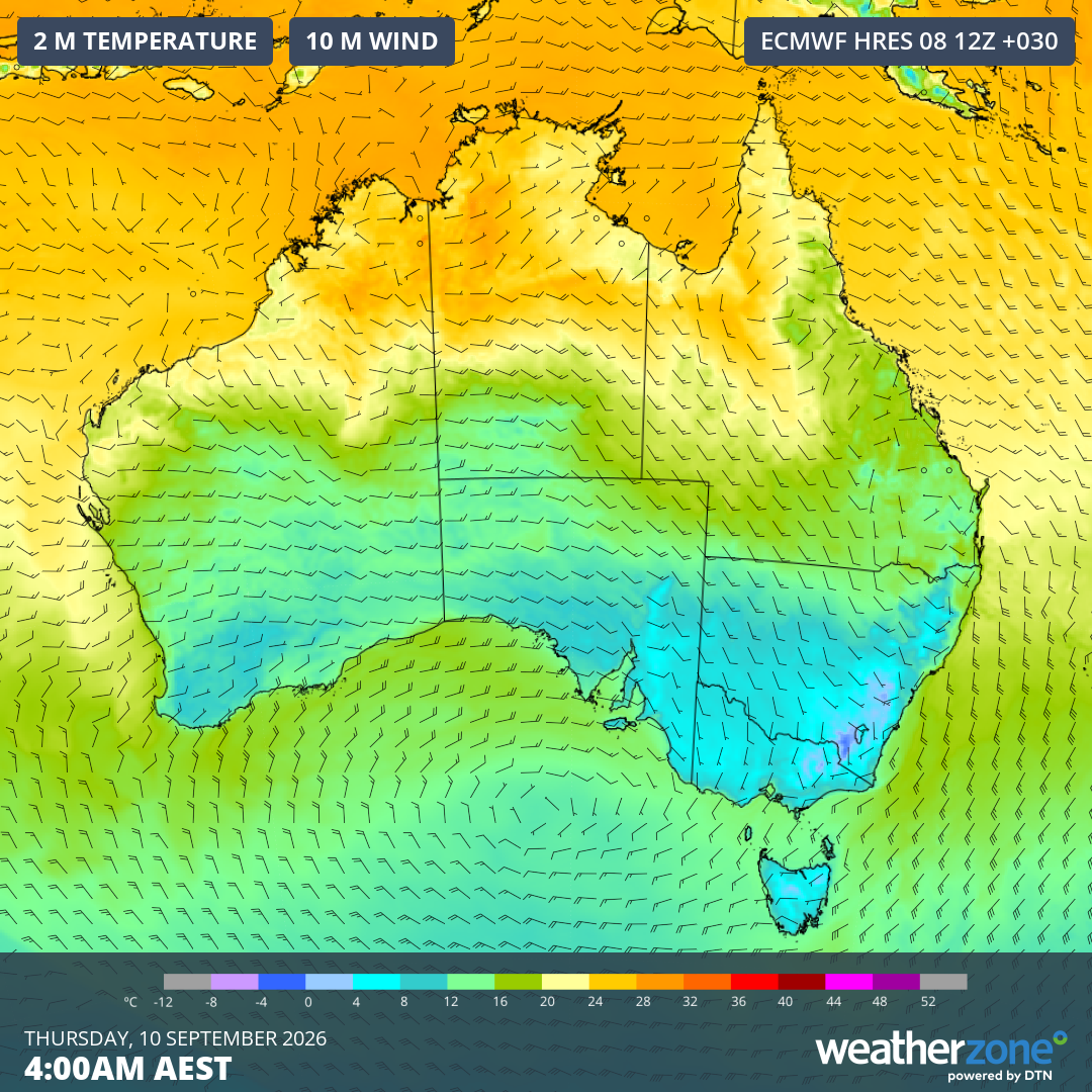 Forecast temperature and wind early on Thursday morning. Source: Weatherzone.