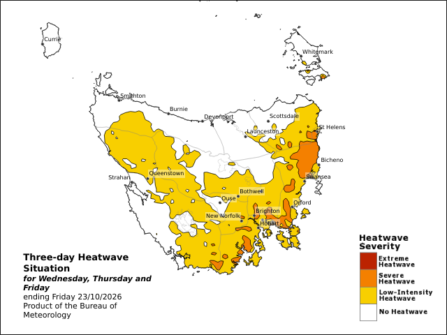 Heatwave outlook for the three-day period ending on Friday, October 23, 2026. Source: Bureau of Meteorology.