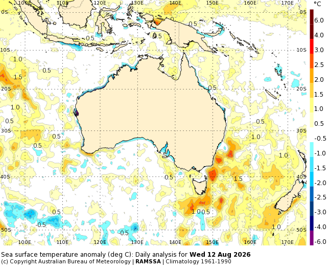 Sea surface temperature anomalies near Australia on August 12, 2026. Source: Weatherzone.