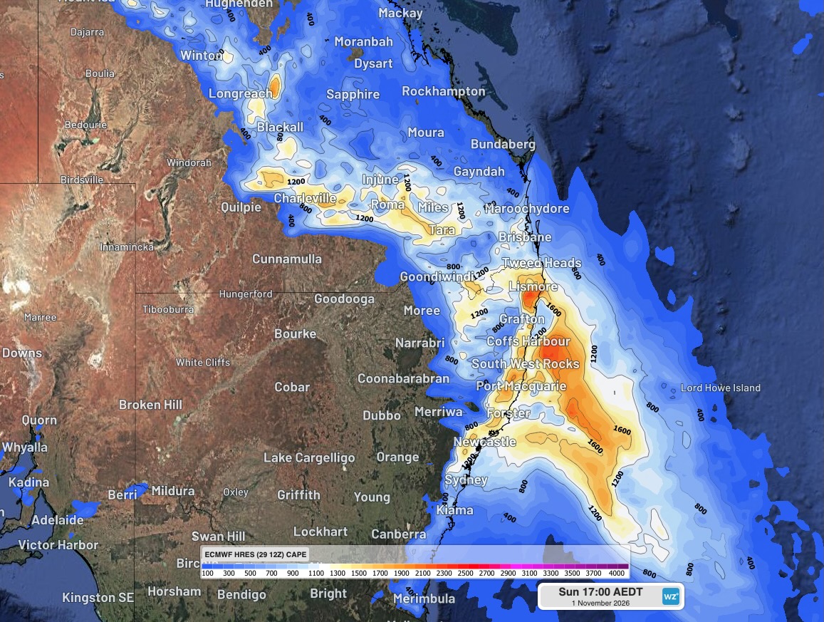 Convective available potential energy (CAPE) over eastern Australia at 5 pm AEDT on Sunday, November 1, 2026. CAPE is a measure of atmospheric instability. As a general rule, the higher the CAPE the more energy available for thunderstorm development, should storms begin to form. Source: Weatherzone.
