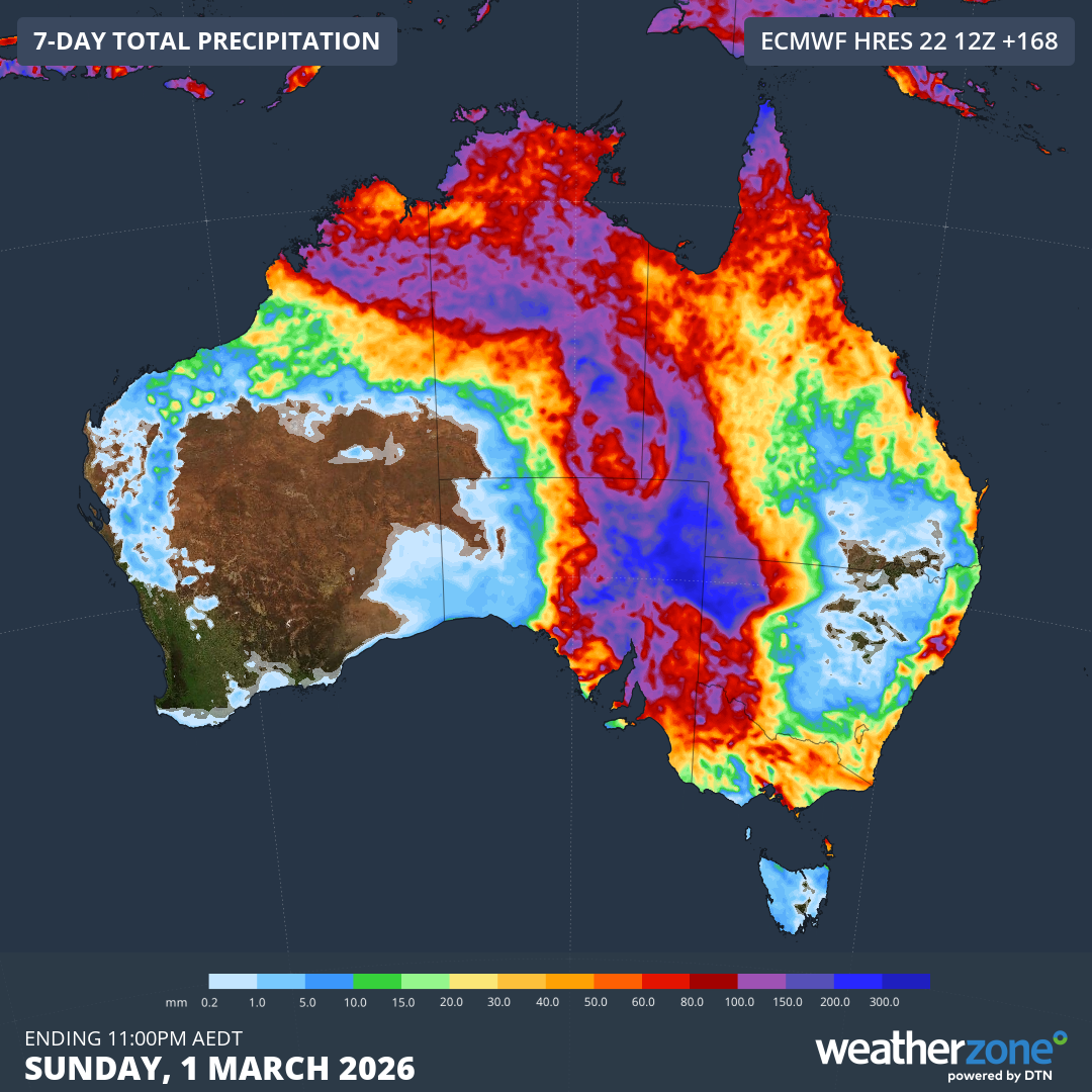 Forecast accumulated rain this week according to the ECMWF-HRES model. Source: Weatherzone.