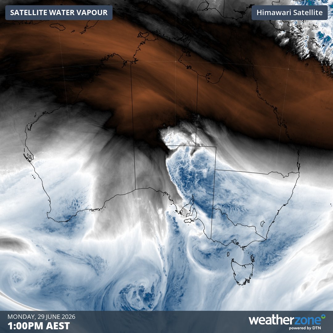 Enhanced water vapour satellite image showing cloud over southeastern Australia on Monday, June 29, 2026. Source Weatherzone.