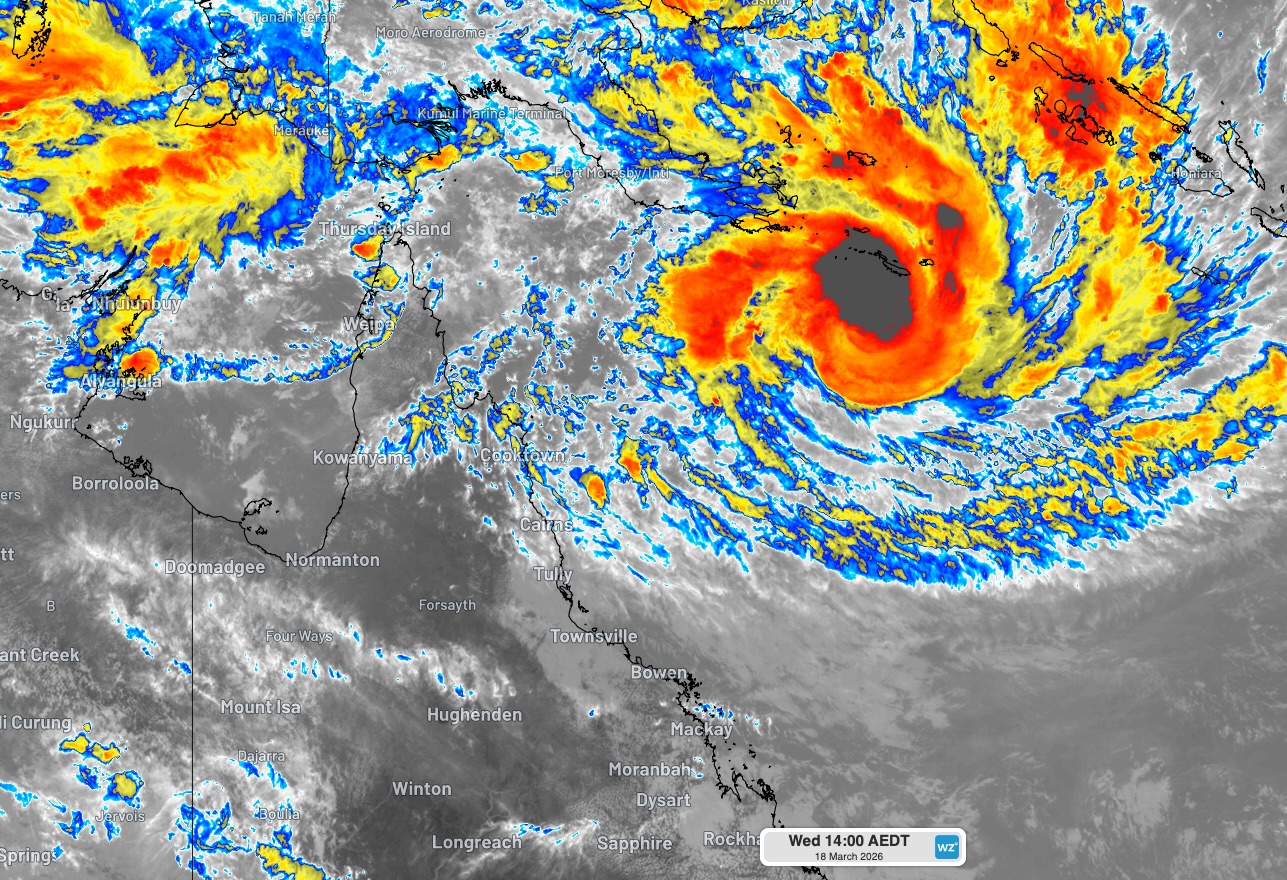 Enhanced infrared satellite image showing Tropical Cyclone Narelle over the northern Coral Sea on Wednesday afternoon. Source: Weatherzone.