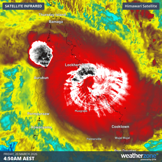 Enhanced infrared satellite images showing Severe Tropical Cyclone Narelle making landfall on Friday, March 20, 2026. Source: Weatherzone.
