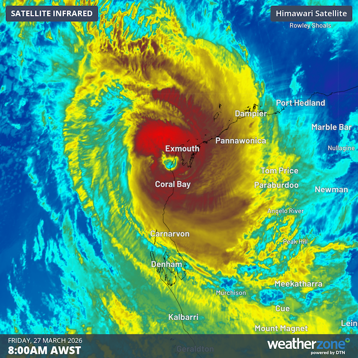 Enhanced infrared satellite image showing Severe Tropical Cyclone Narelle near WA’s North West Cape on Friday. Source: Weatherzone.