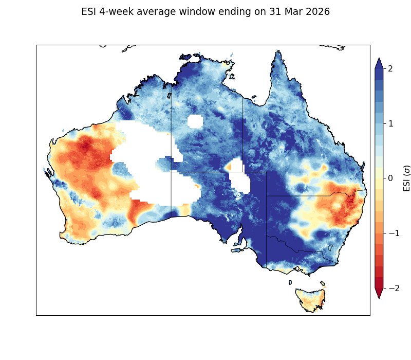 Evaporative Stress Index (ESI) for the 4 weeks ending on March 31, 2026. Source: Bureau of Meteorology.
