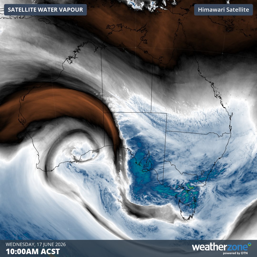 Enhanced infrared satellite image, showing cloud over SA and a low pressure system near the south coast of Western Australia at 10 am ACST ion Wednesday, June 17, 2026. Source: Weatherzone.
