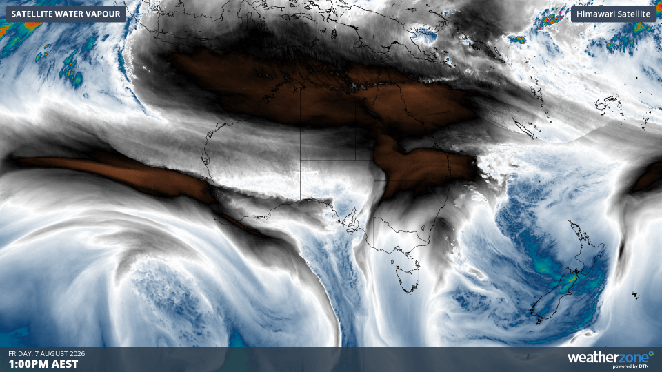 Enhanced water vapour satellite images captured on Friday, August 7, 2026. Source: Weatherzone.