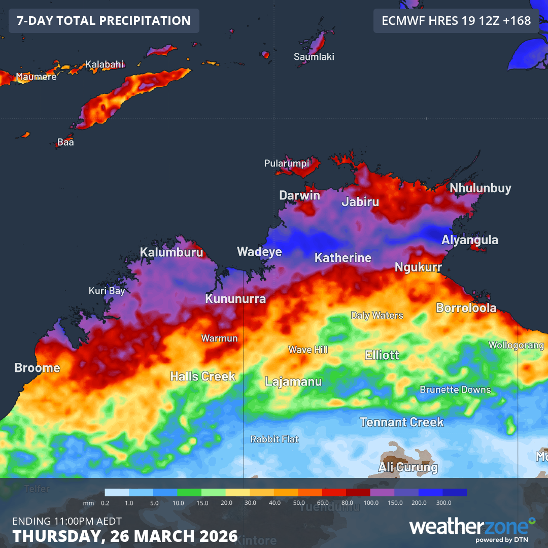 Forecast accumulated rain during the next seven days, showing the expected rainfall footprint of Narelle as it tracks over the Top End and Kimberley. Source: Weatherzone.
