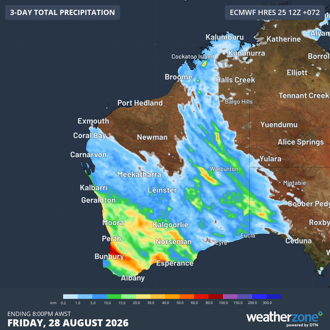 Forecast accumulated rain during the 72 hours ending at 8 pm AWST on Friday, August 28, 2026. Source: Weatherzone.