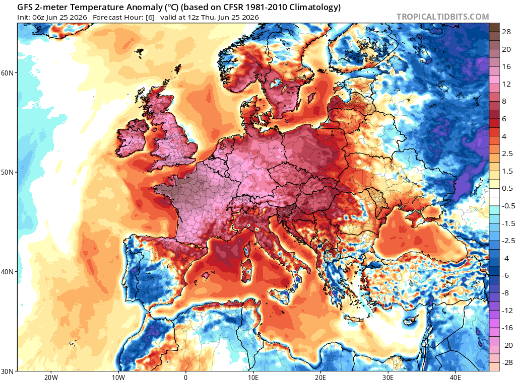 Modelled air temperature anomalies at 12:00 UTC on June 25, 2025. Source: TropicalTidbits.com.