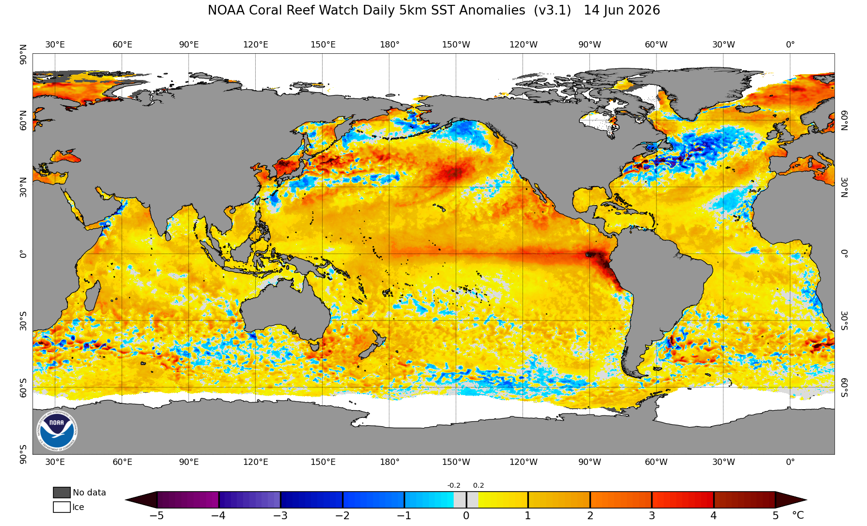 Global sea surface temperature anomalies on June 14, 2026, showing a tongue of abnormally warm water in the central and eastern tropical Pacific Ocean. This is a clear sign of El Niño. Source: NOAA.