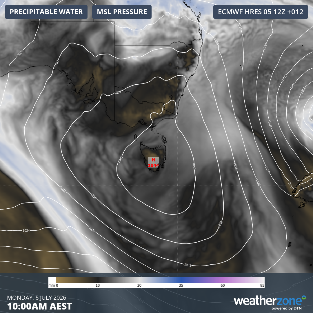 Modelled mean sea level pressure over Tas at 10 am AEST on Monday, July 6, 2006. Source: Weatherzone.