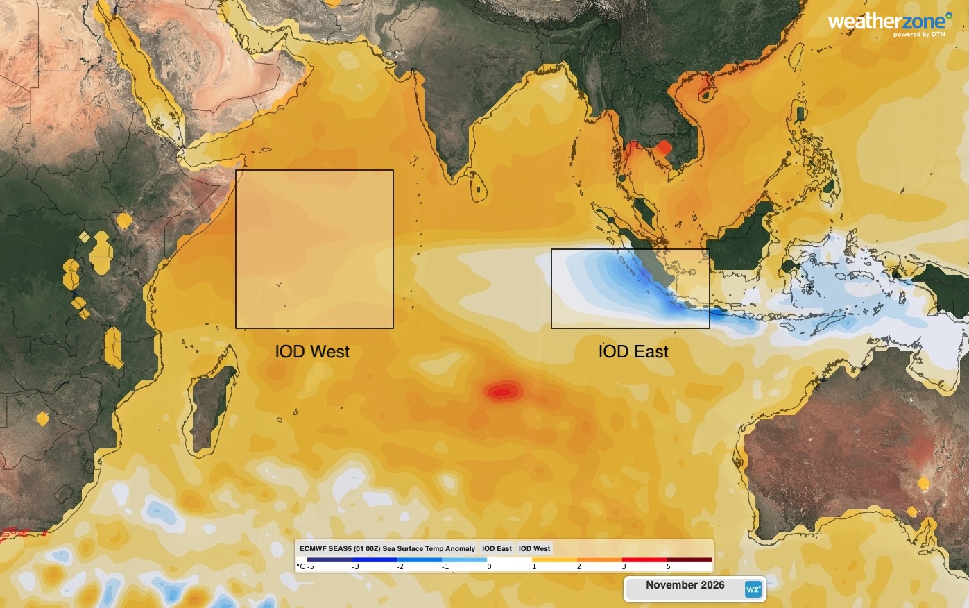 Predicted monthly sea surface temperature anomalies in November 2026, according to the ECMWF SEAS5 model, showing a positive IOD pattern. Source: Weatherzone.
