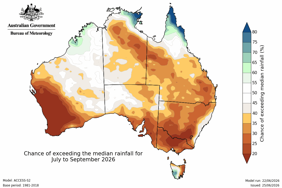 Seasonal rainfall outlook for the July to September period in 2026. Source: Bureau of Meteorology.