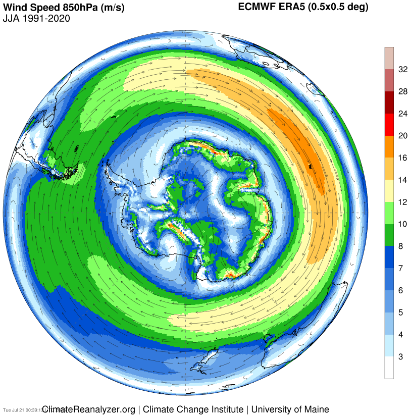 Mean 850 hPa wind speed during the Sothern Hemisphere’s winter (June to August). Source: ClimateReanalyzer.org