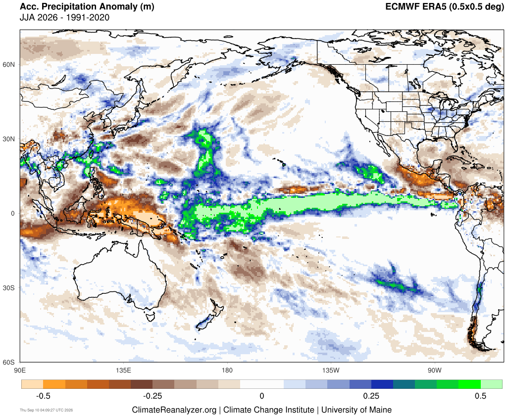 Accumulated precipitation anomaly for June-to-August 2026. Source: ClimateReanalyzer.org.