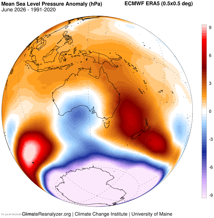 Mean sea level pressure anomaly during June 2026, showing unusually high pressure over the Tasman Sea and eastern/southeastern Australia. Source: ClimateReanalyzer.org