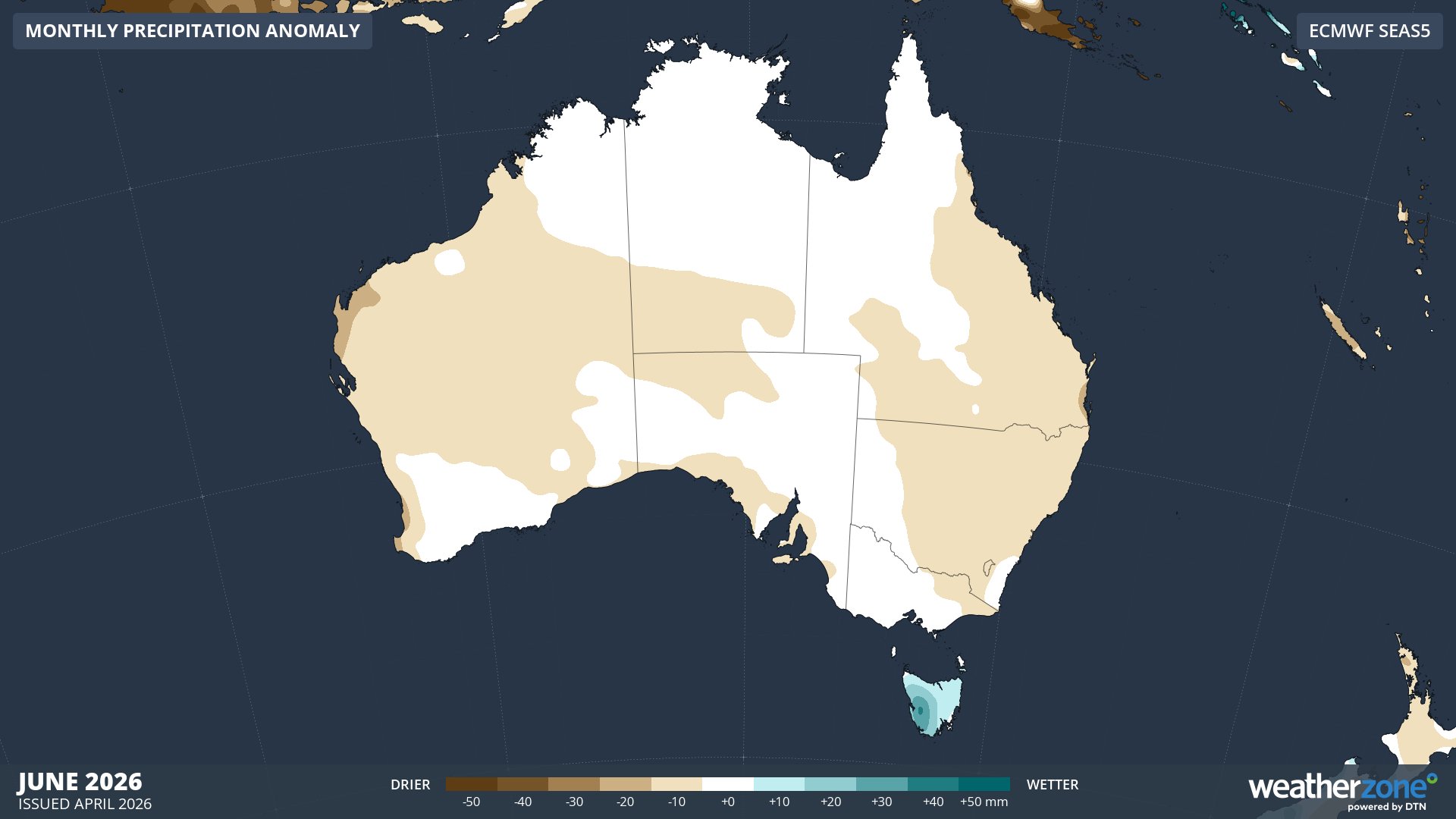 onthly precipitation anomaly forecast for June 2026. Source: Weatherzone.