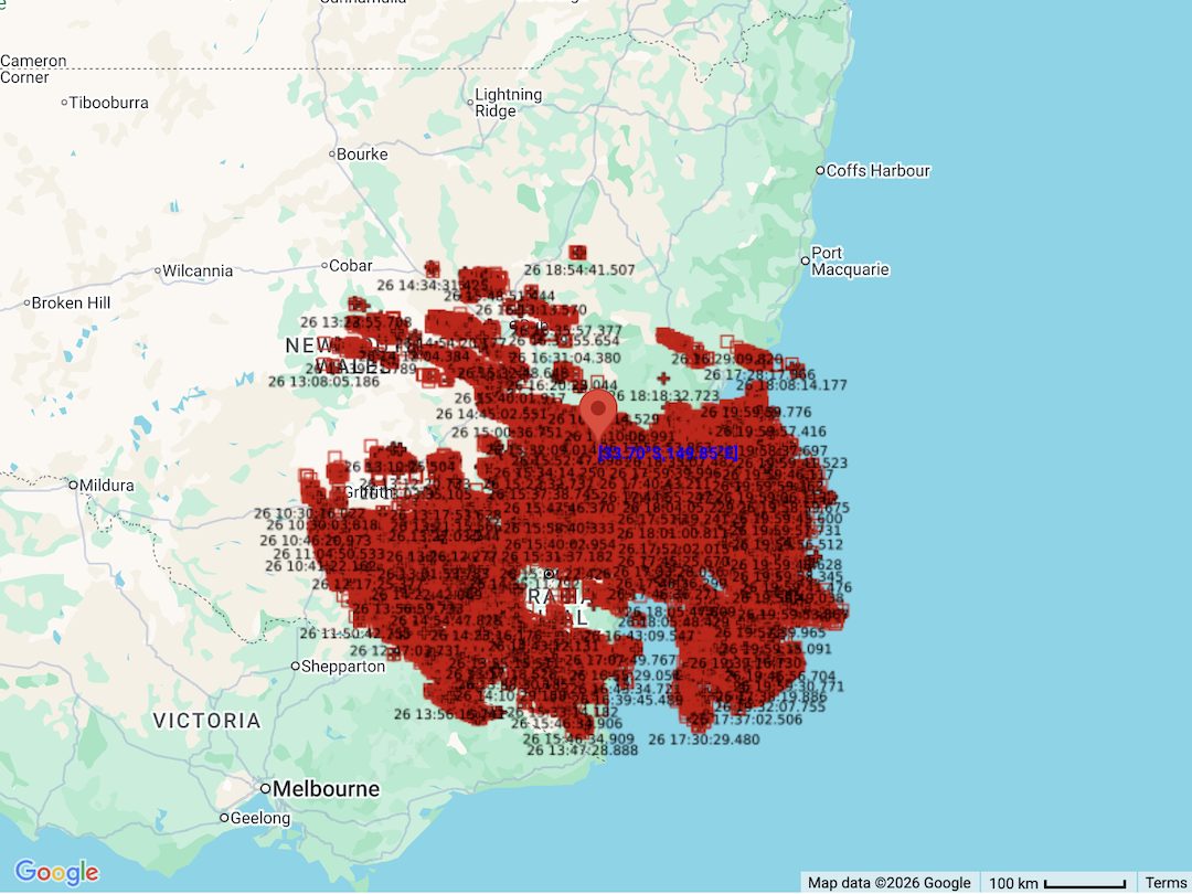 The red symbols show lightning pulses detected between 8 am and 8 pm AEDT on Thursday, March 26, 2026. Source: Weatherzone.
