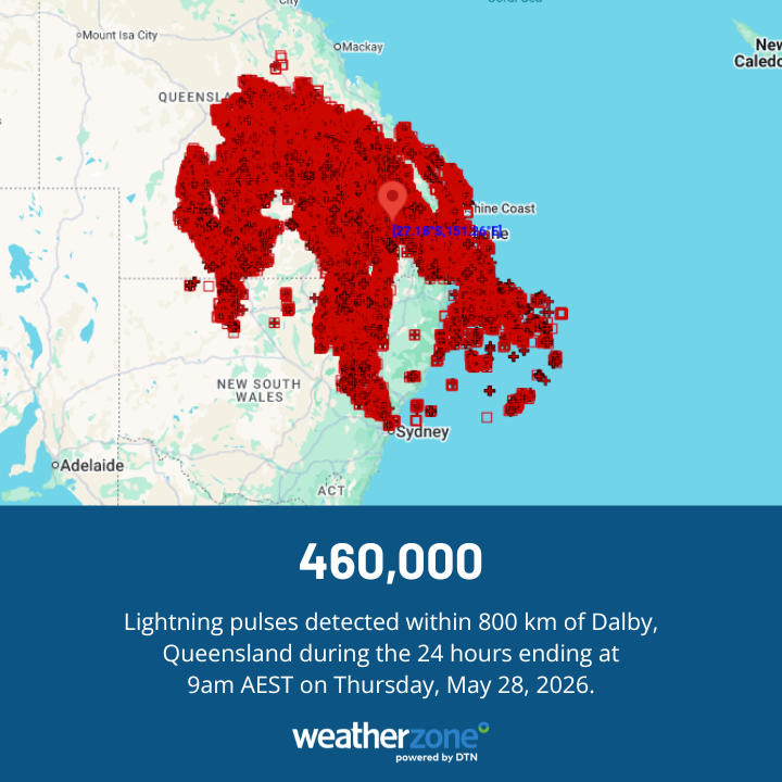 Lightning detected over eastern Australia during the 24 hours to 9am on Thursday, May 28, 2026. Source: Weatherzone.