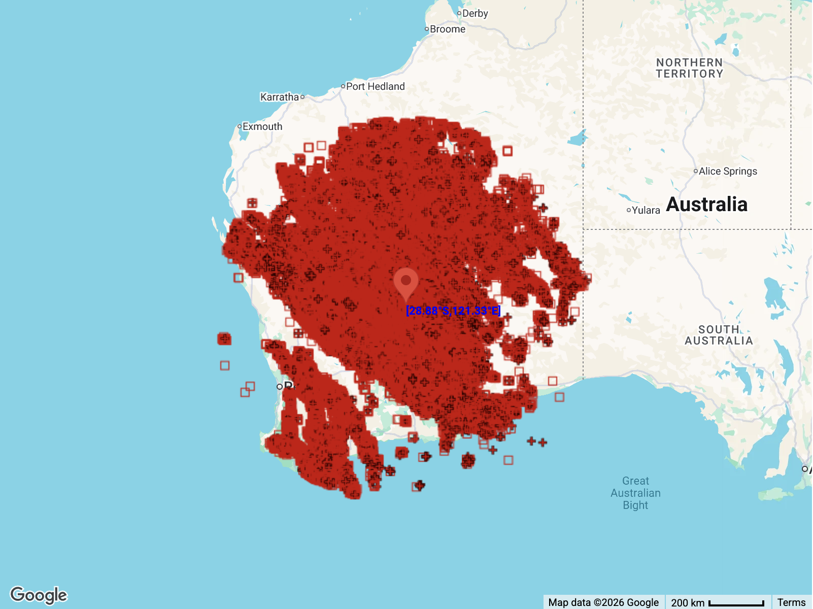 Lightning pulses detected within an 800 km radius of Leonora, WA during the 48 hours ending at 8am AWST on Monday, September 28, 2026, according to the DTN Total Lightning Network. Source: Weatherzone / DTN.