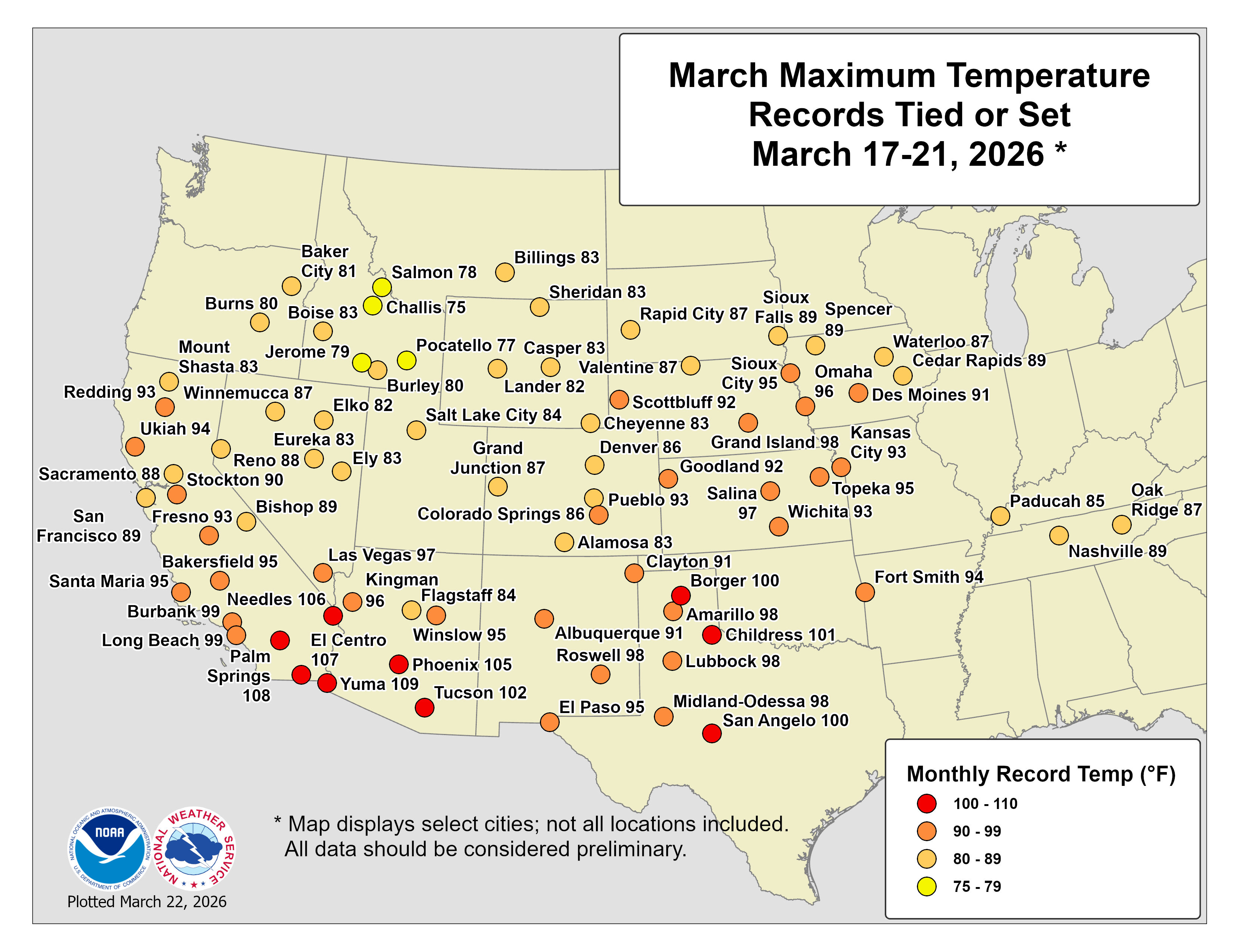 Cities where March high temperature records were equaled or broken between March 17-21, 2026. Source: NOAA / NWS.
