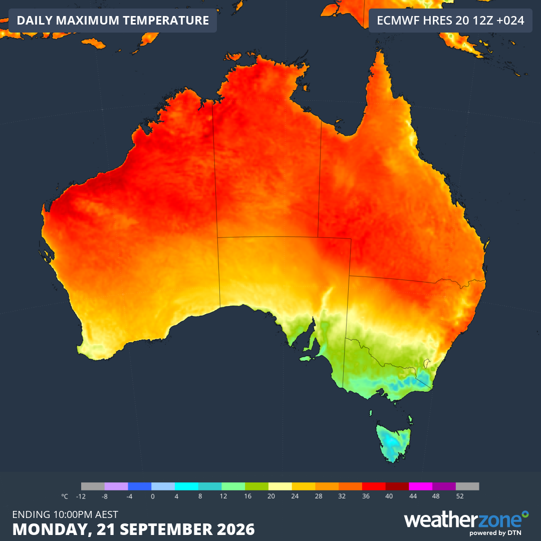 Forecast maximum temperature on Monday, September 21, 2026. Source: Weatherzone.