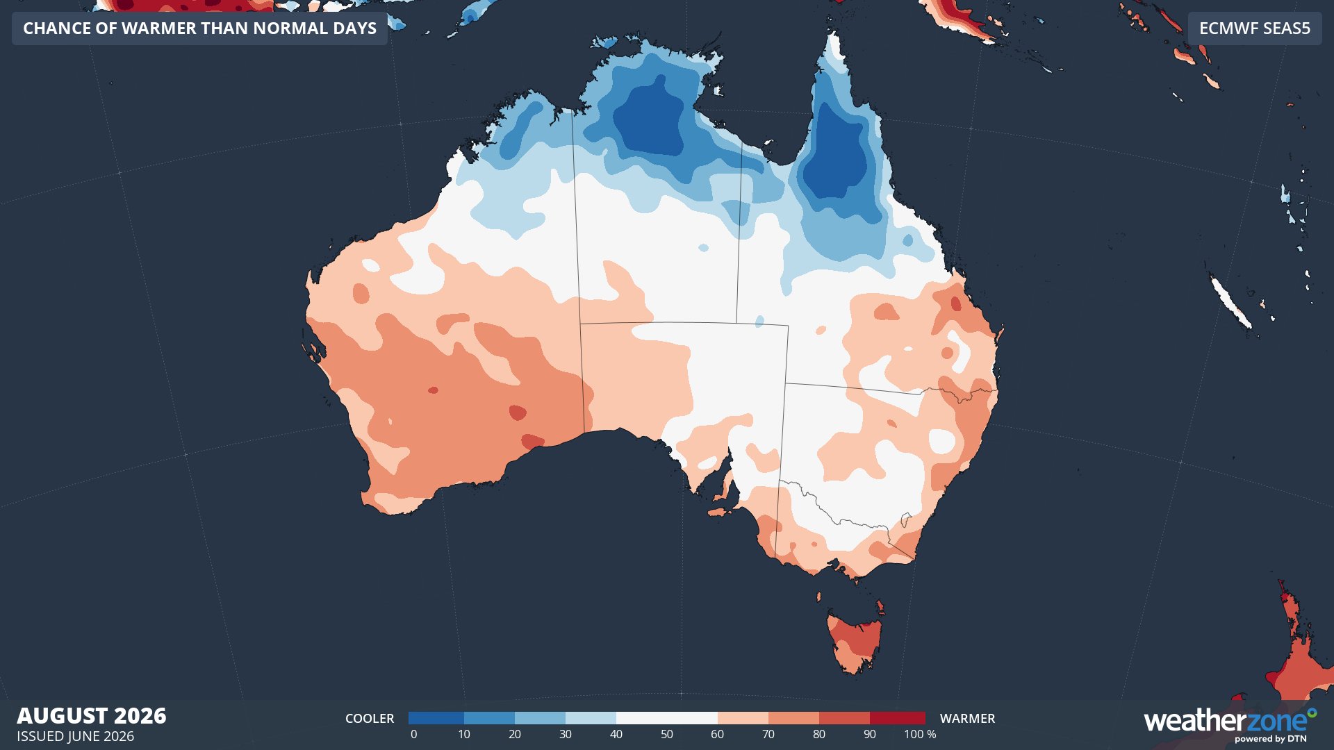 Chance of exceeding median maximum temperature in August 2026. Source: Weatherzone / ECMWF SEAS5