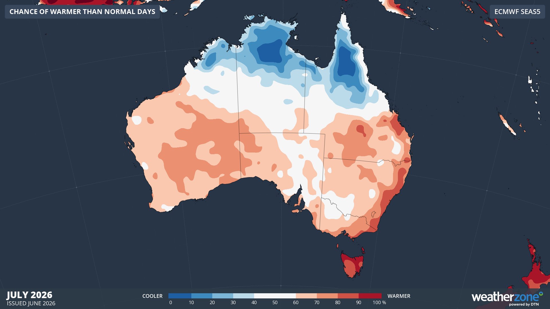 Chance of exceeding median maximum temperature in July 2026. Source: Weatherzone / ECMWF SEAS5