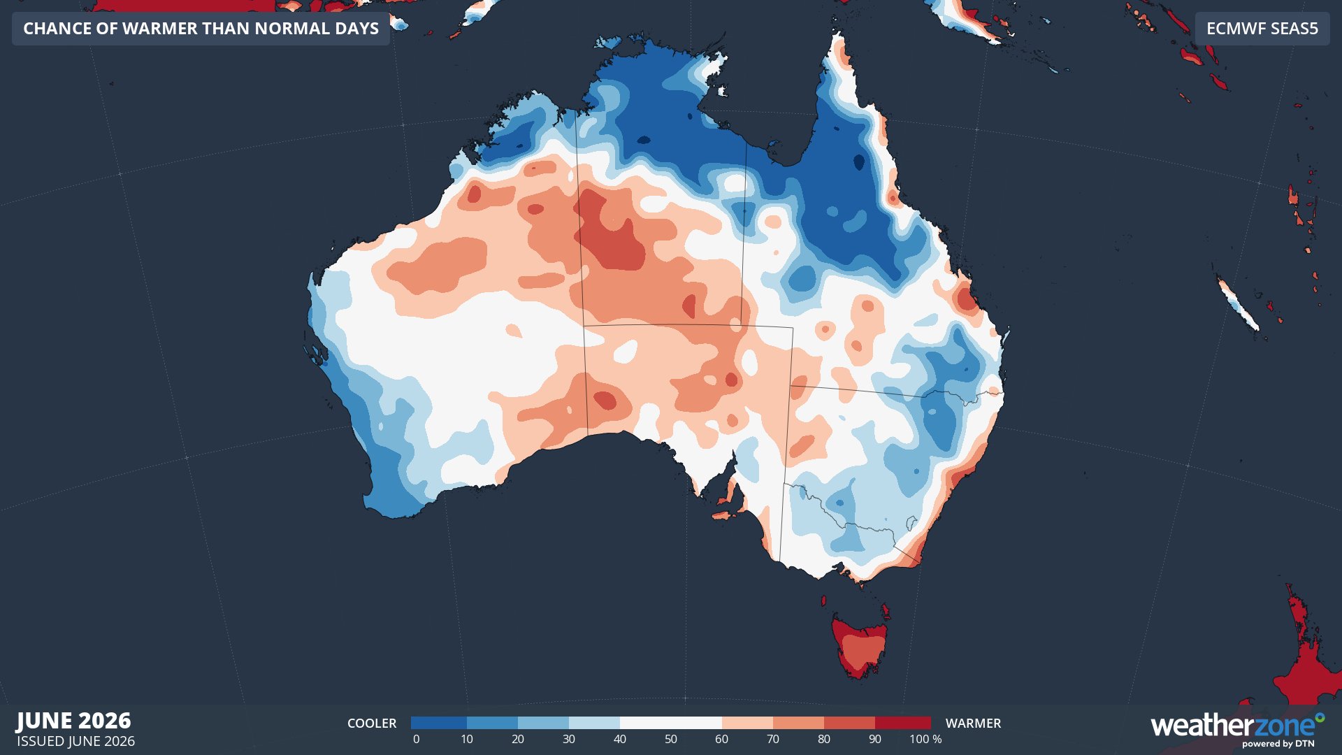 Chance of exceeding median maximum temperature in June 2026. Source: Weatherzone / ECMWF SEAS5