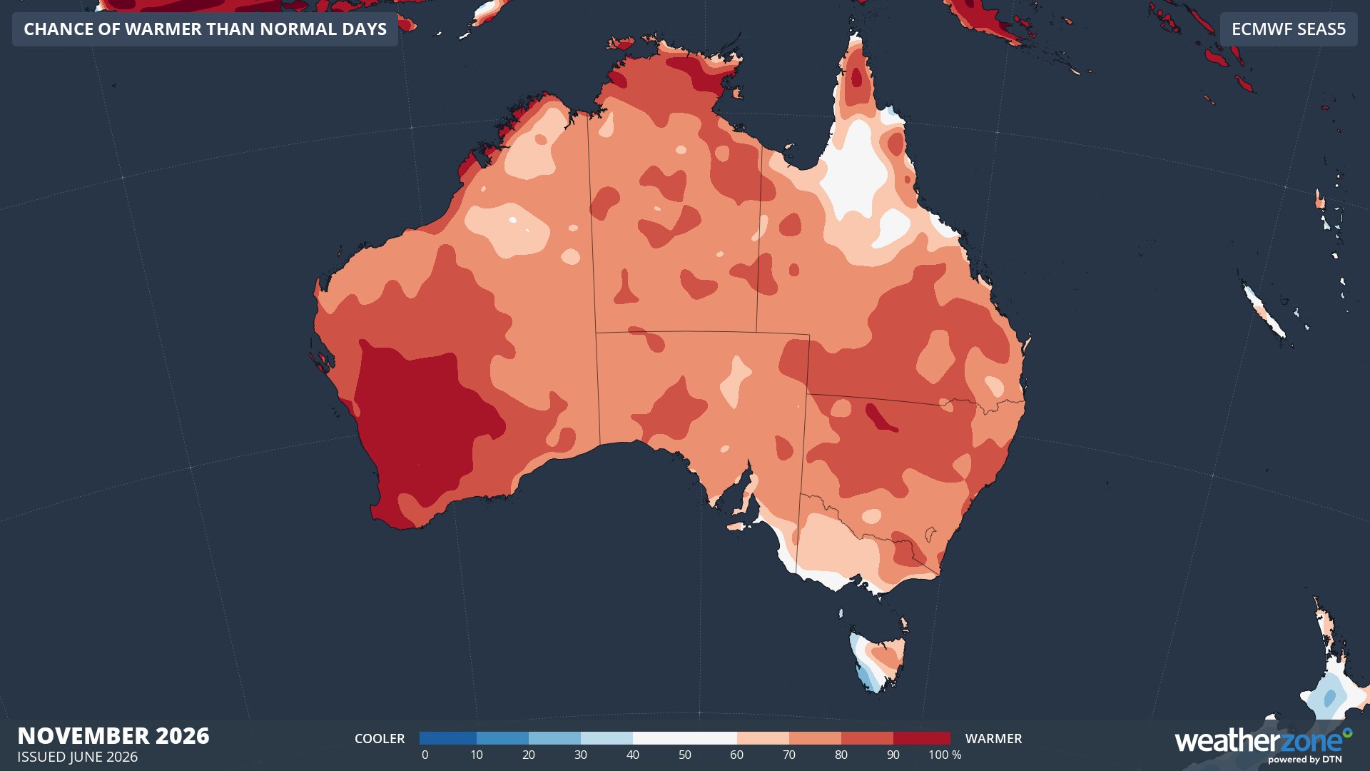 Chance of exceeding median maximum temperature in November 2026. Source: Weatherzone / ECMWF SEAS5