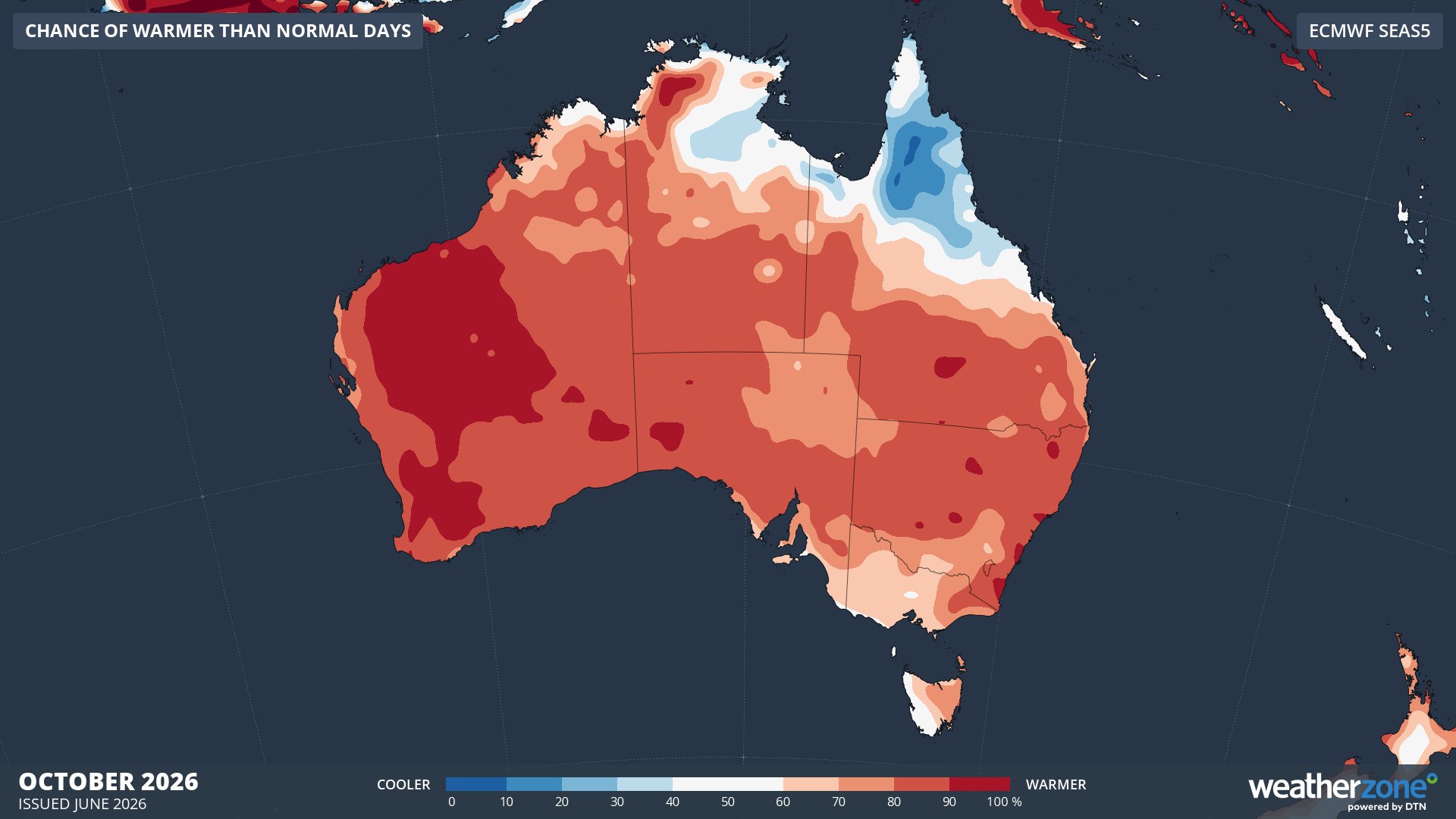 Chance of exceeding median maximum temperature in October 2026. Source: Weatherzone / ECMWF SEAS5