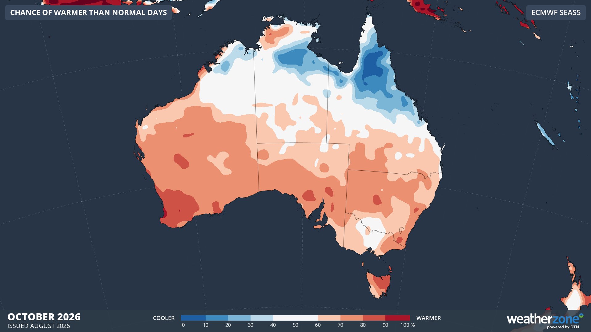 Chance of exceeding median maximum temperature during October 2026, according to the ECMWF SEAS5 model. Source: Weatherzone.