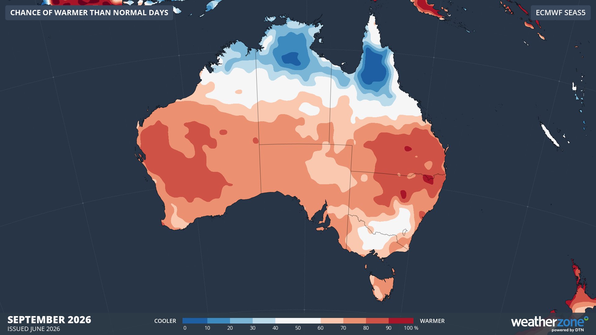 Chance of exceeding median maximum temperature in September 2026. Source: Weatherzone / ECMWF SEAS5