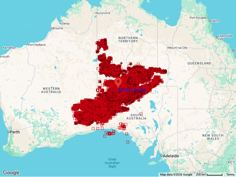Lightning strikes detected within an 800 km radius of Ernabella, SA between 4 pm AEDT Thursday and 1 pm AEDT Friday. Source: Weatherzone.
