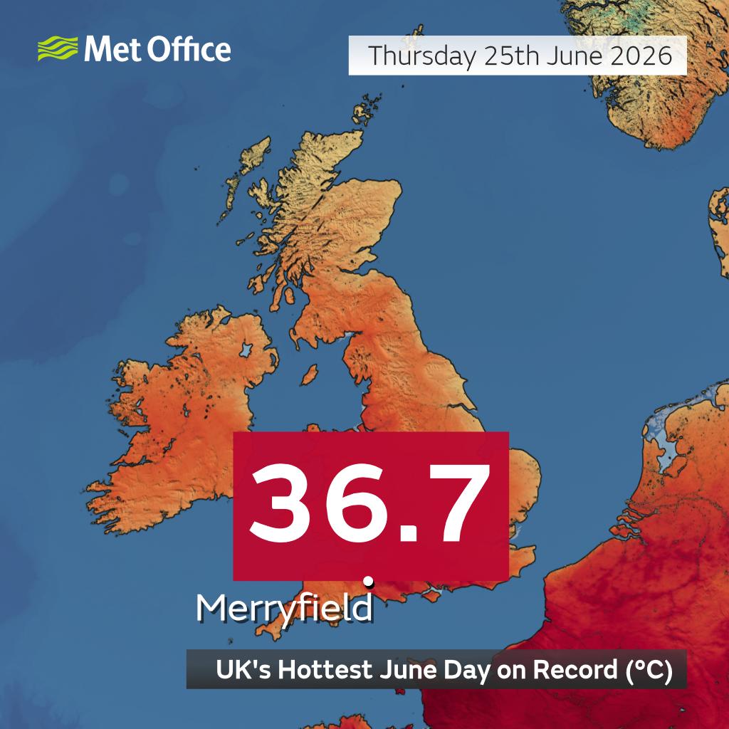 Image: According to the Met Office, 36.7°C at Merryfield, Somerset on Thursday, June 25, was a new June maximum temperature record for the UK. Source: Met Office.
