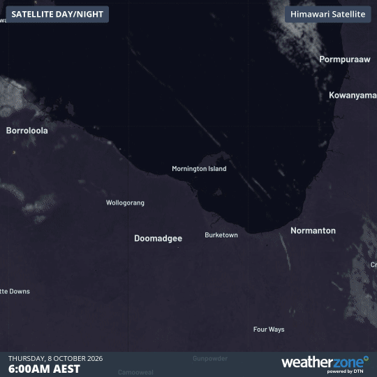 Satellite images showing roll clouds moving over northwest Queensland and the Gulf of Carpentaria on Thursday morning, October 8, 2026. Source: Weatherzone.