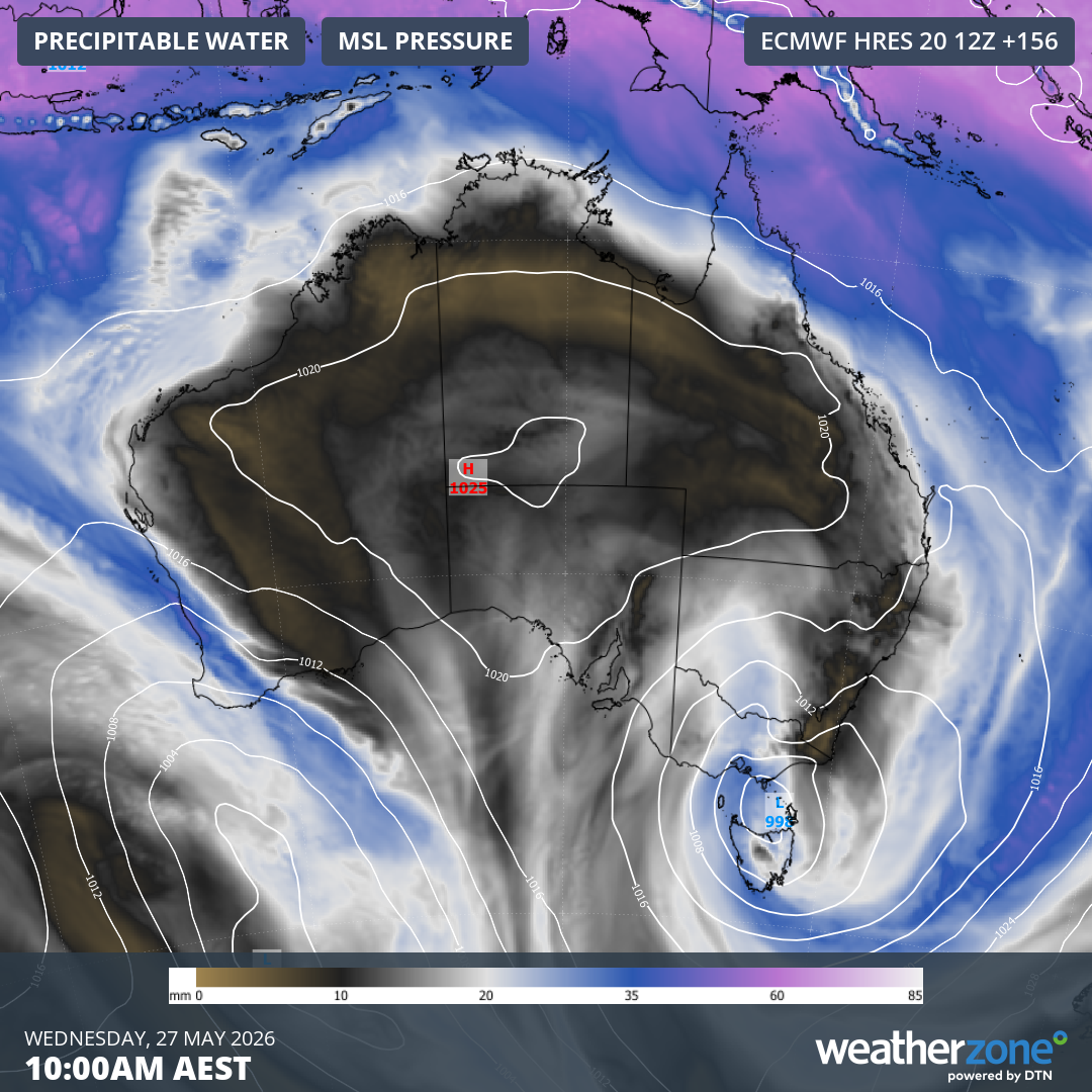 Mean sea level pressure and precipitable water over Australia on Wednesday morning next week, showing a low pressure system over the country’s southeast and a cold front over the southwest. Source: Weatherzone.