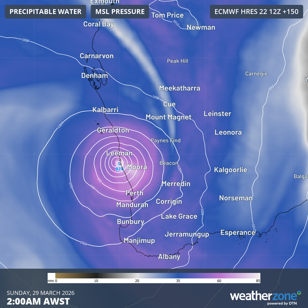 Forecast mean sea level pressure and precipitable at 2 am AWST on Sunday, March 29, 2026. Source: Weatherzone.