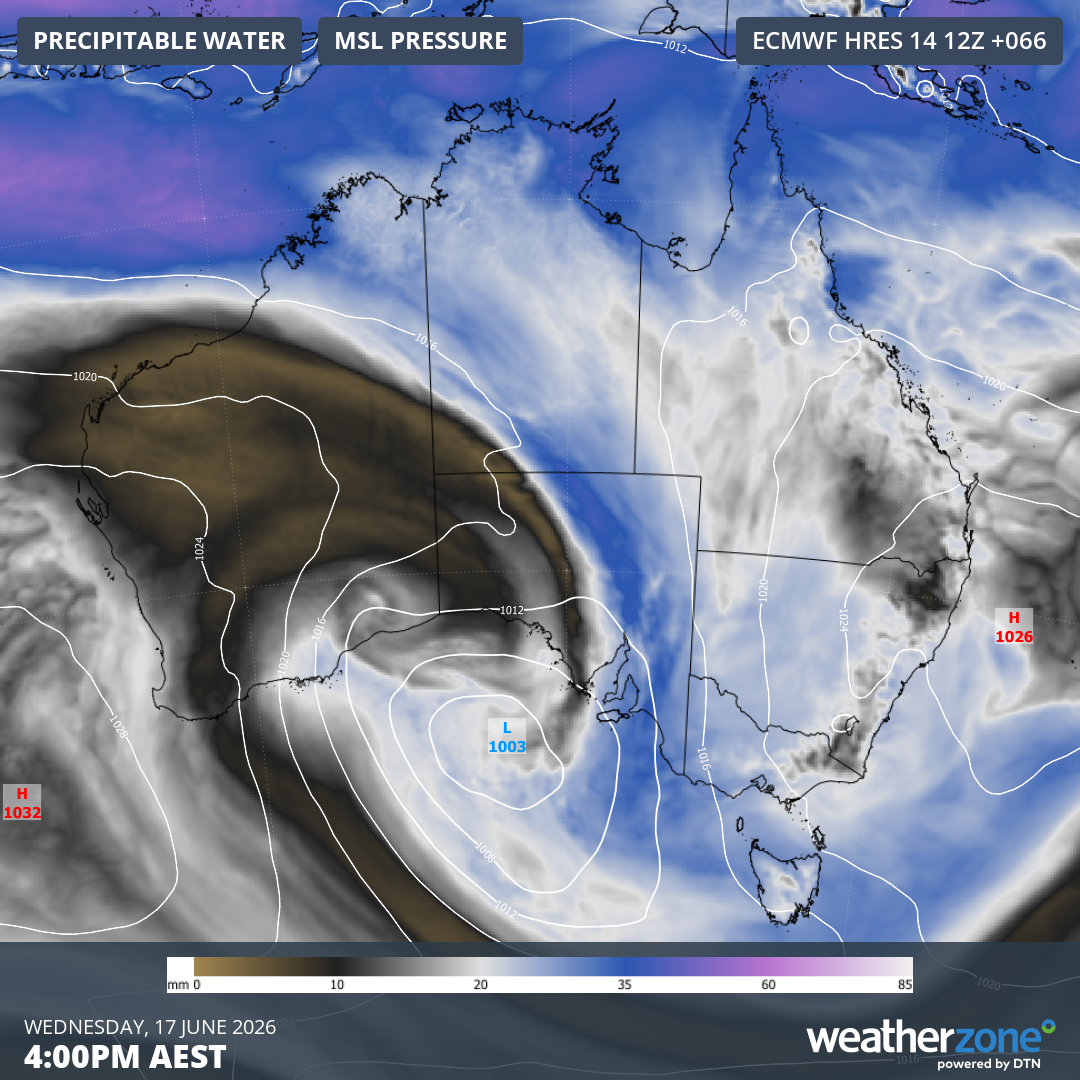 Image: Modelled mean sea level pressure and precipitable water over Australia on Wednesday, June 17, 2026. Source: Weatherzone.
