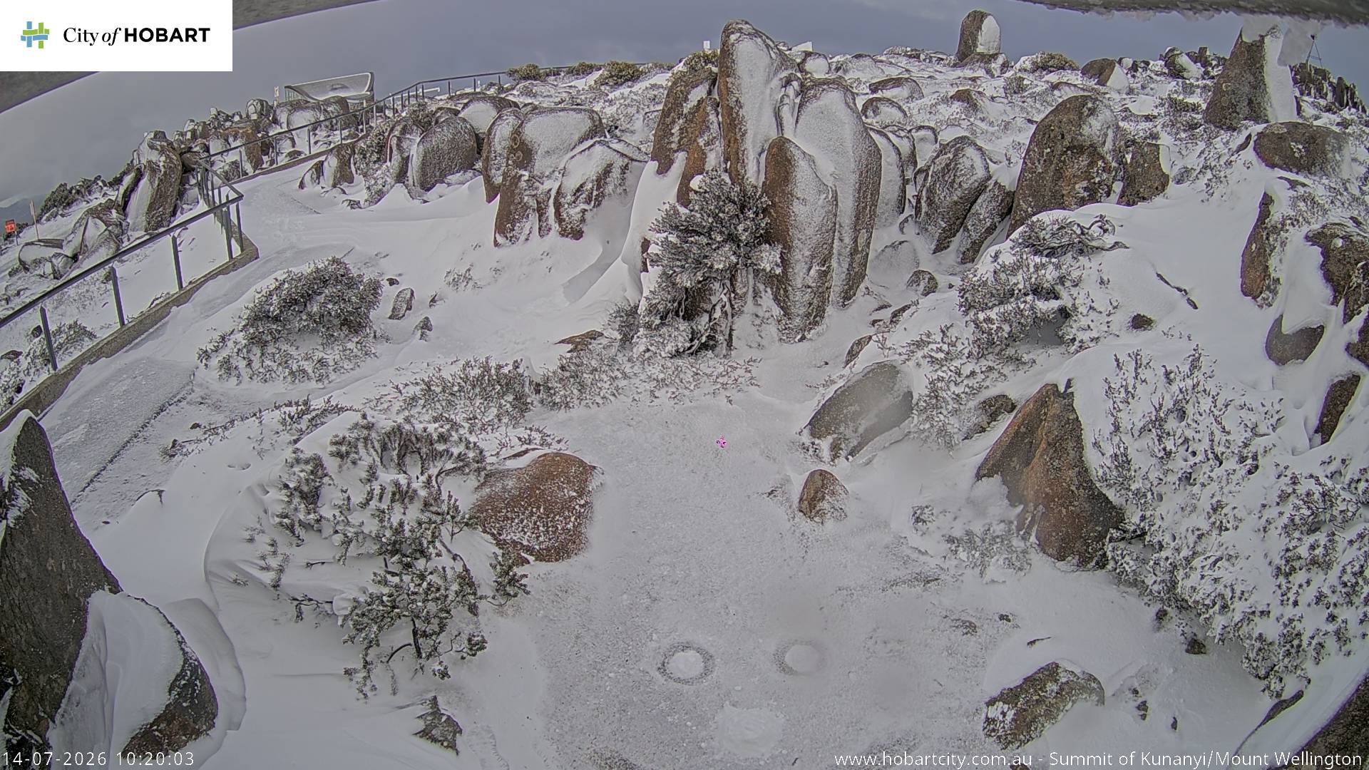 No footsteps in the snow yet at the kunanyi/Mt Wellington summit due to the closed road. Source: hobartcity.com.au