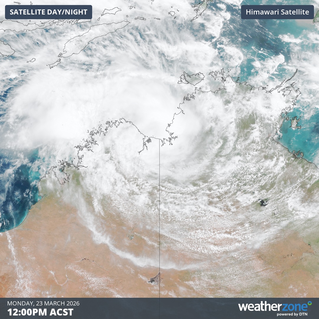 Visible satellite image showing Ex-Tropical Cyclone Narelle over the Joseph Bonaparte Gulf on Monday. Source: Weatherzone.
