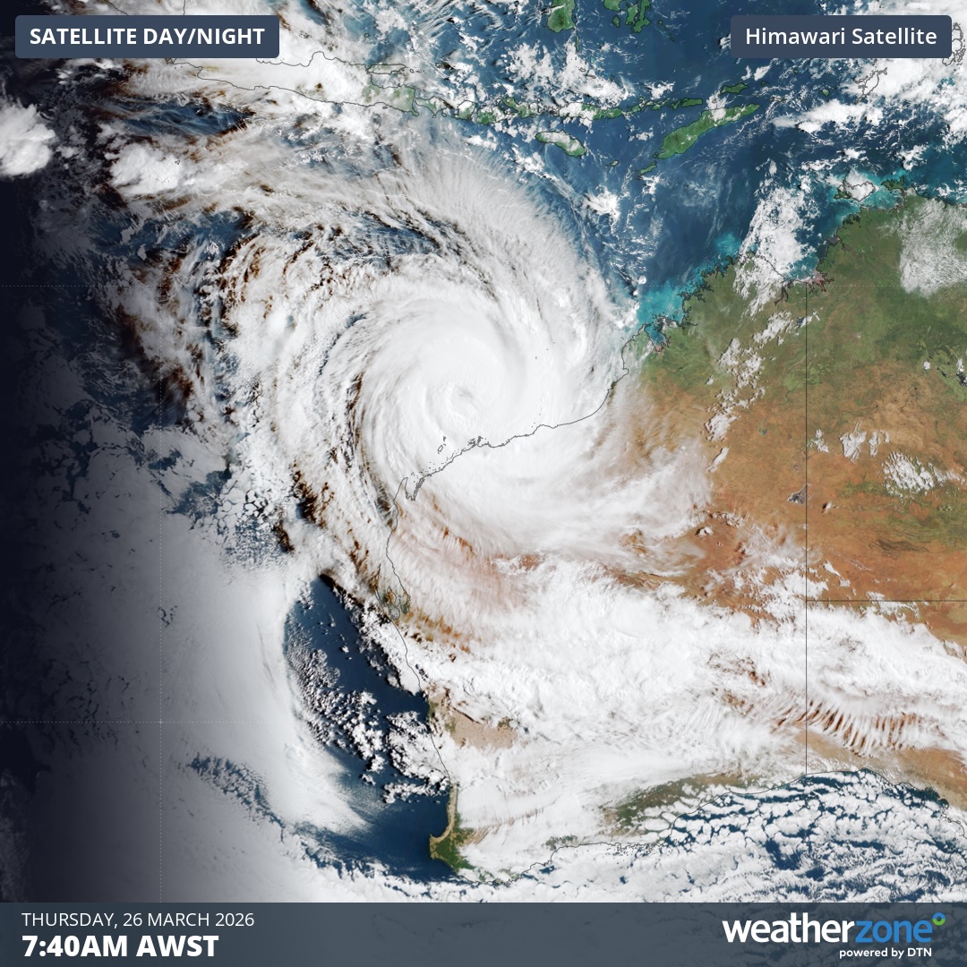 Visible satellite image showing Severe Tropical Cyclone Narelle to the north of WA on Thursday, March 26, 2026. Source: Weatherzone.