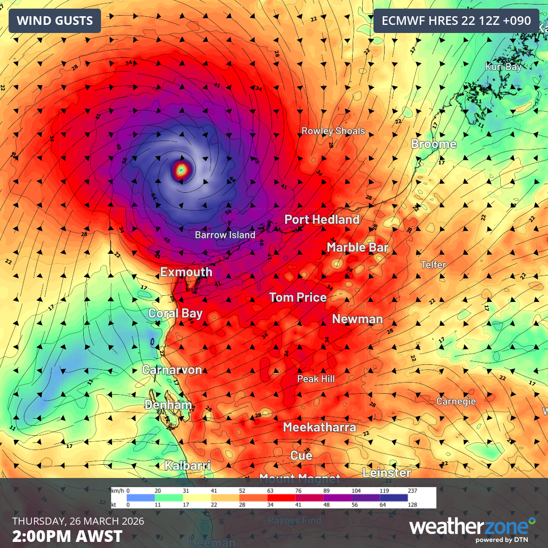 Forecast wind gusts at 2pm AWST on Thursday, March 26, 2026, showing Narelle as a powerful tropical cyclone to the north of Exmouth, WA. Source: Weatherzone.