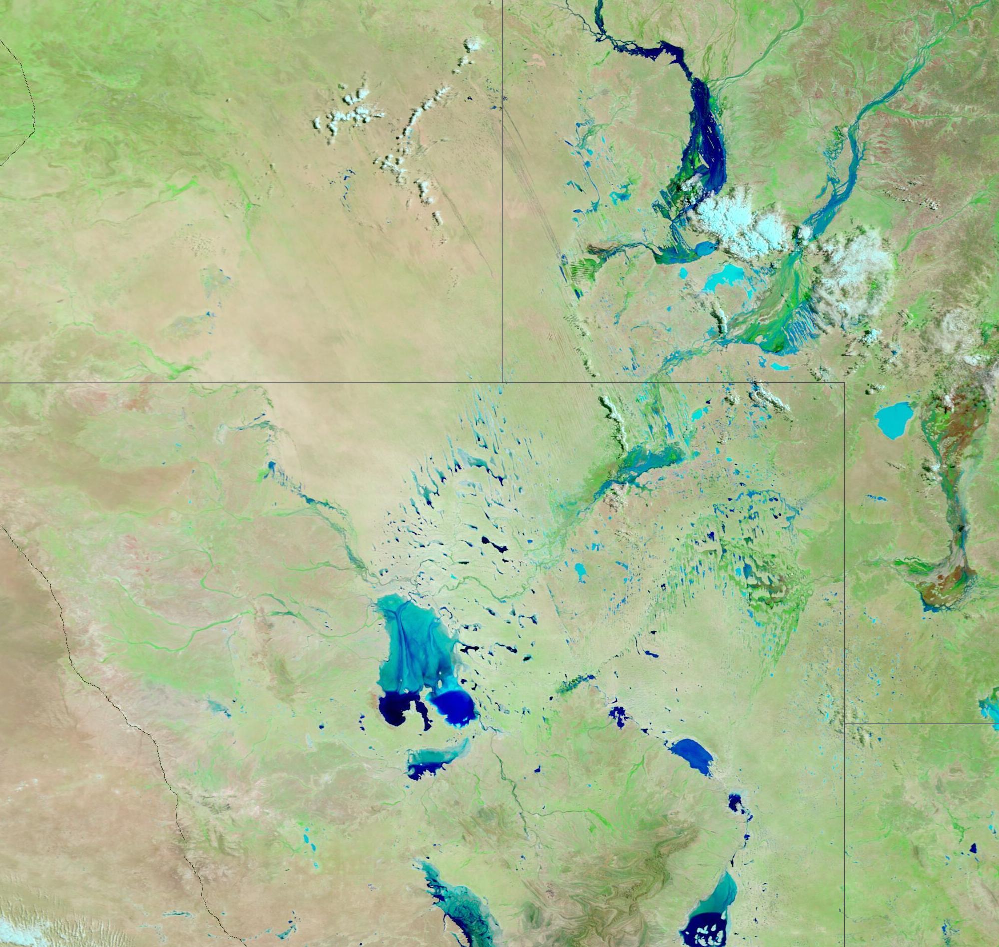 False-colour satellite image showing floodwaters (blue) in central Australia on Wednesday, March 11, 2026. Source: NASA Worldview.