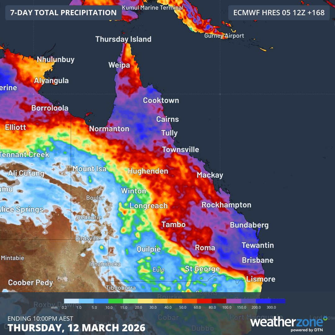 Forecast accumulated rain during the seven days ending at 10pm AEST on Thursday, March 12, 2026, according to the ECMWF model. Weatherzone.
