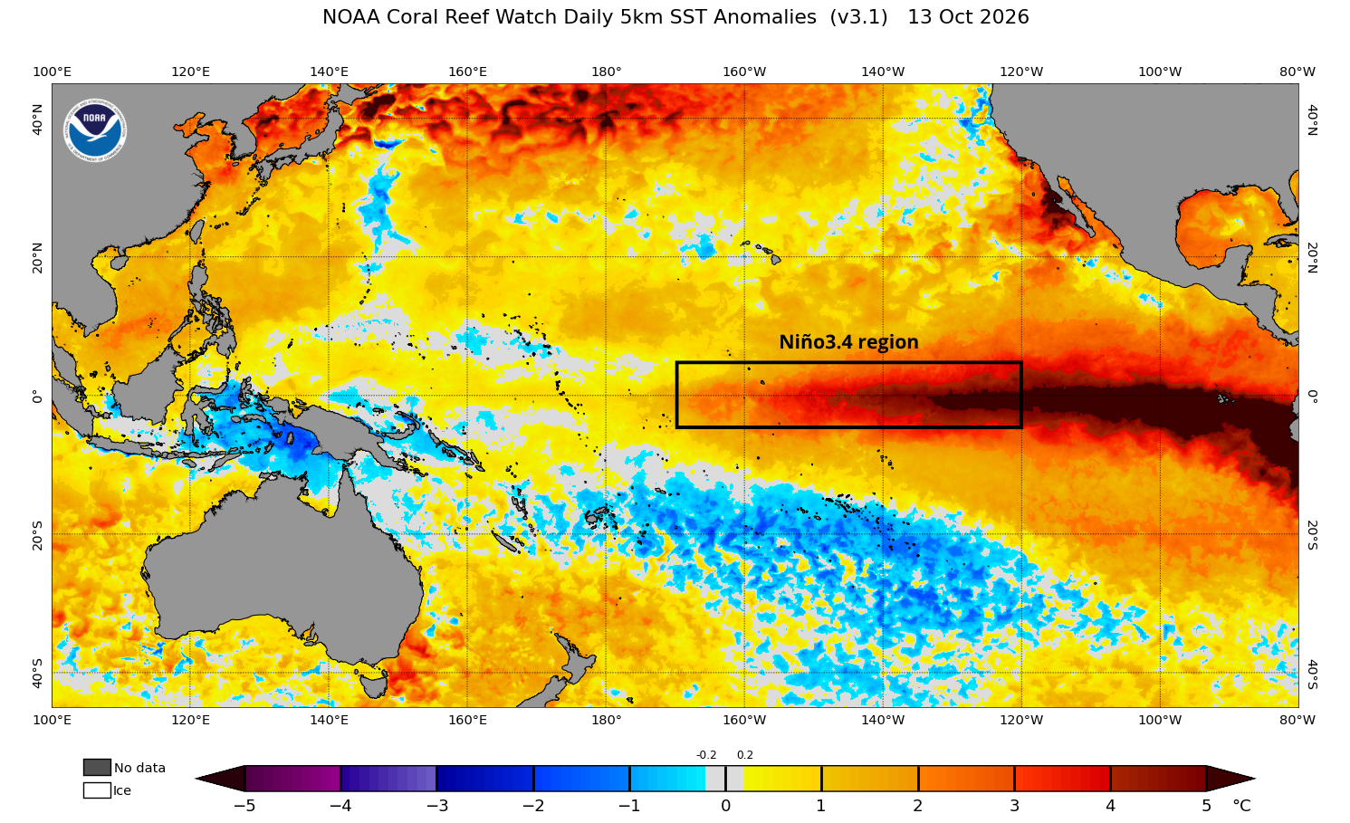 Sea surface temperature anomalies in the Pacific Ocean on October 13, 2026, with the Niño 3.4 region highlighted. Source: NOAA.