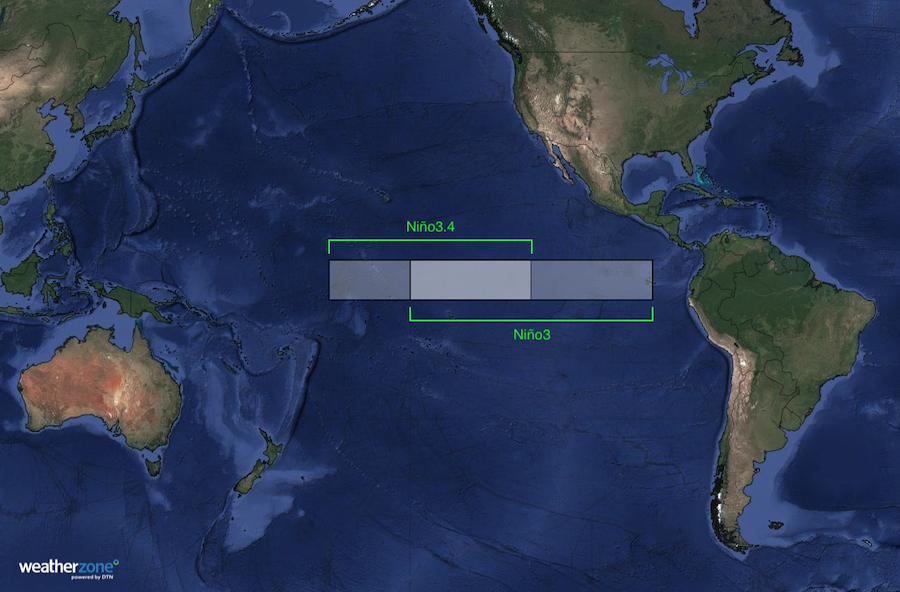 The Niño3.4 and Niño3 regions in the tropical Pacific Ocean. Source: Weatherzone.