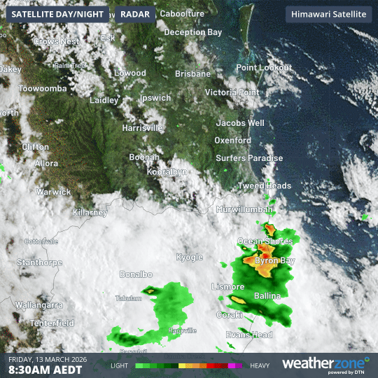 Composite satellite and radar showing showers and thunderstorms moving over northeast NSW and southeast Qld on Friday, March 13, 2026. Source: Weatherzone.